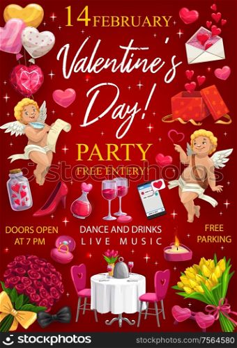 Valentines day party invitation, 14 February. Vector cupids and red love hearts. Flower bouquets, served table, holiday presents, air balloons, wine in glasses, elixir of love, letter envelope. Day of love, Valentines holiday symbols, heart