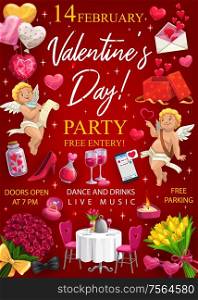 Valentines day party invitation, 14 February. Vector cupids and red love hearts. Flower bouquets, served table, holiday presents, air balloons, wine in glasses, elixir of love, letter envelope. Day of love, Valentines holiday symbols, heart