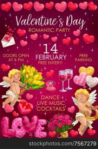 Valentines day party poster, music club romantic event invitation. Vector Valentines cupid angels with arrows and harp, heart balloons and sparkling stars, roses flowers and wine glasses. Happy Valentines day holiday romantic party
