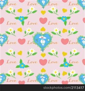 Valentines Day pattern with doves and flowers. Pattern bright, beautiful with doves, hearts, flowers, love happy Valentines Day.