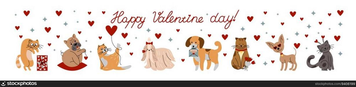 Valentines Day pets. Cartoon cat and dog characters. Happy animals in love. Cute puppies. Red heart. Romantic couples. Sweet kittens. Holiday celebration. Funny greeting card. Vector tidy illustration. Valentines Day pets. Cartoon cat and dog characters. Animals in love. Cute puppies. Red heart. Romantic couples. Sweet kittens. Holiday celebration. Greeting card. Vector tidy illustration