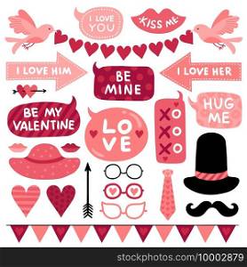 Valentines day photo booth props. Pink love wedding symbol, kiss and mustaches, female and male hat. Glasses, tie and red heart vector set. Valentine photo props for photobooth element illustration. Valentines day photo booth props. Pink love wedding symbol, kiss and mustaches, female and male hat. Glasses, tie and red heart vector set