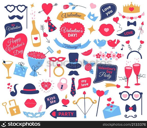 Valentines day photo booth props, valentine celebration decor. Funny hats, masks, lips, mustaches, speech bubbles party accessories vector set. 14th february celebration collection. Valentines day photo booth props, valentine celebration decor. Funny hats, masks, lips, mustaches, speech bubbles party accessories vector set
