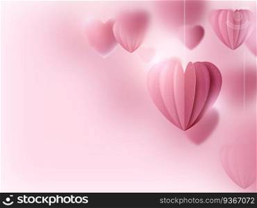 Valentines day. Pink hearts and clouds are holding sting on a soft pink background. Vector illustration