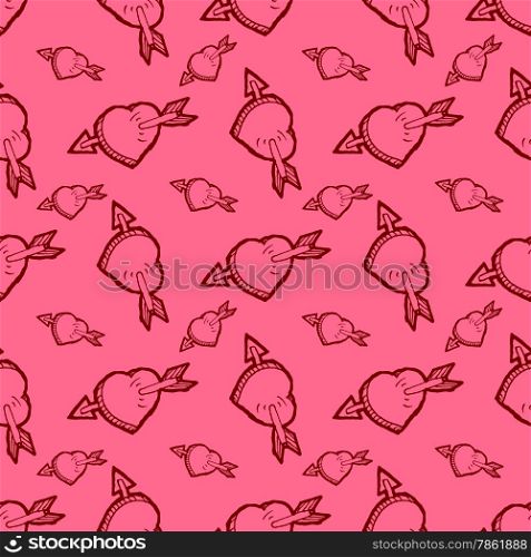 Valentines Day pink seamless pattern with heart and arrow sketches