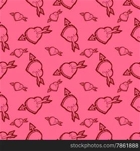 Valentines Day pink seamless pattern with heart and arrow sketches