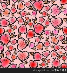 Valentines Day pink seamless pattern with scattered heart sketches