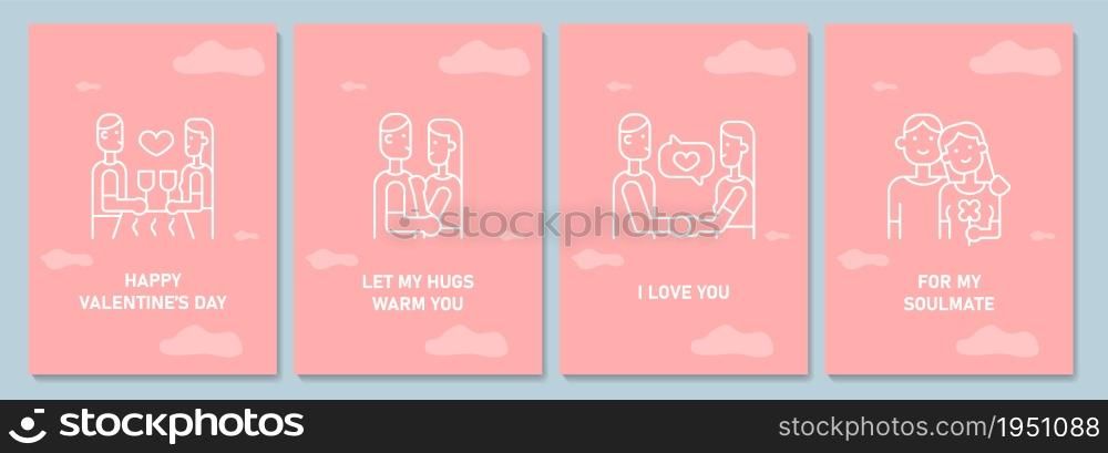 Valentines day postcard with linear glyph icon set. Greeting card with decorative vector design. Simple style poster with creative lineart illustration. Flyer with holiday wish pack. Valentines day postcard with linear glyph icon set