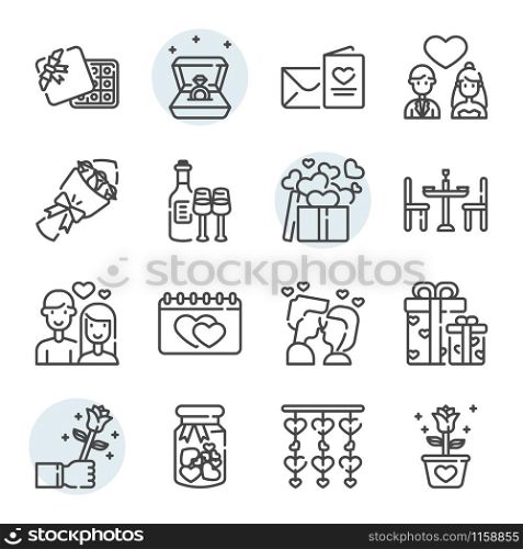 Valentines day related icon and symbol set in outline design