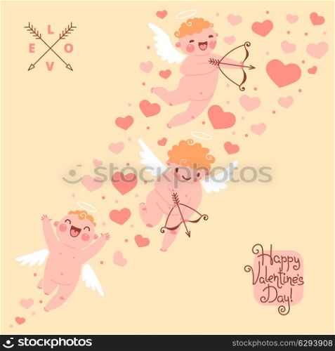 Valentines Day romantic background with cute angels. Vector illustration.