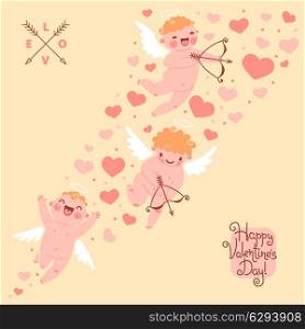 Valentines Day romantic background with cute angels. Vector illustration.