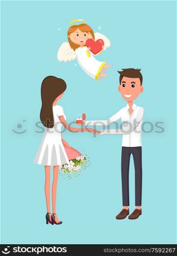 Valentines day, romantic proposal or engagement, cupid angel vector. Guy with ring and girl with bouquet, love and relationship, marriage and family. Engagement, Couple and Cupid Angel, Valentines Day