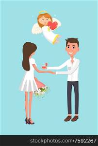 Valentines day, romantic proposal or engagement, cupid angel vector. Guy with ring and girl with bouquet, love and relationship, marriage and family. Engagement, Couple and Cupid Angel, Valentines Day