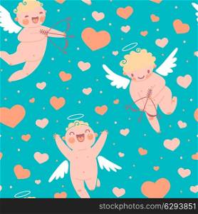 Valentines Day romantic seamless pattern with cute cupid and hearts. Vector illustration.