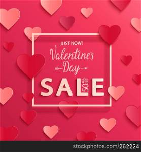 Valentines day sale background, poster template with square frame. Pink abstract background with hearts ornaments from paper, origami style. Discount flyer, card for february 14.Vector illustration.. Valentines day sale background.