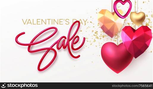 Valentines Day Sale background with realistic metallic gold and red ruby low poly heart. Red Golden Lettering Sale on white background. Vector illustration. Vector illustration EPS10. Valentines Day Sale background with realistic metallic gold and red ruby low poly heart. Red Golden Lettering Sale on white background. Vector illustration