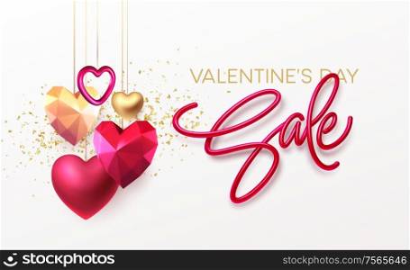 Valentines Day Sale background with realistic metallic gold and red ruby low poly heart. Red Golden Lettering Sale on white background. Vector illustration. Vector illustration EPS10. Valentines Day Sale background with realistic metallic gold and red ruby low poly heart. Red Golden Lettering Sale on white background. Vector illustration