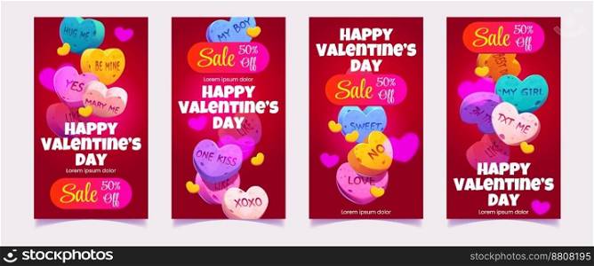Valentines Day sale banner template. Cartoon vector illustration of promotion leaflet or poster with many colorful hearts on red background. Best prices for holiday shopping. Marketing material design. Valentines Day sale banner vertical template set