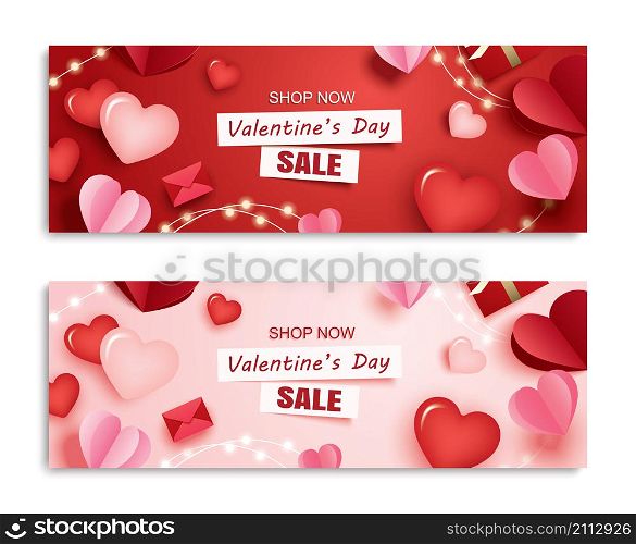 Valentines day sale banner template with heart and text on pink background.