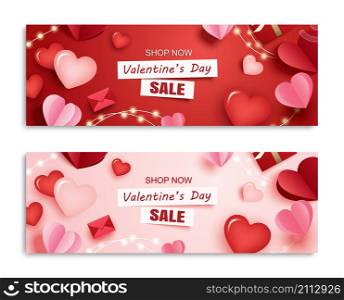Valentines day sale banner template with heart and text on pink background.
