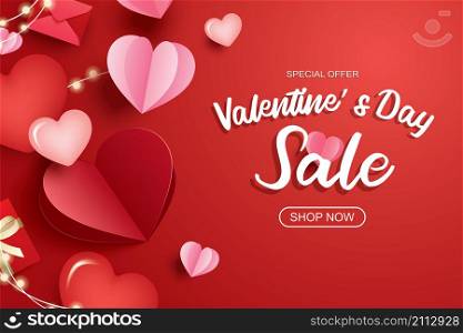 Valentines day sale banner template with heart and text on red background.