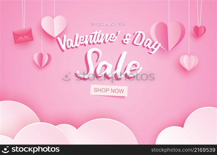 Valentines day sale banner template with heart hanging on pink pastel background.