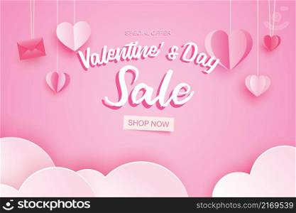 Valentines day sale banner template with heart hanging on pink pastel background.