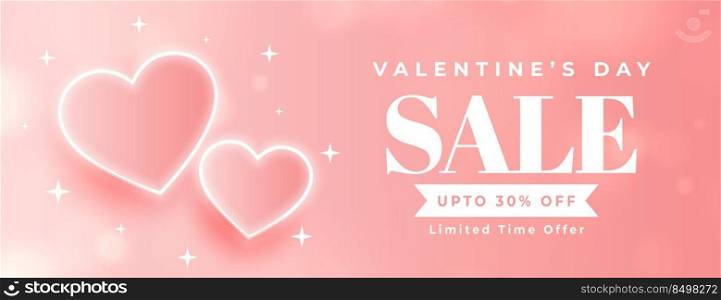 valentines day sale banner with glowing neon hearts