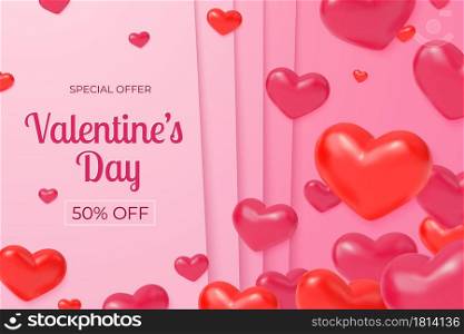 Valentines day sale. Red hearts poster, love greeting discount card design. Shopping retail promotion ad with 3d red heart vector. Valentine discount banner, promotion decoration holiday illustration. Valentines day sale. Red hearts poster, love greeting discount card design. Shopping retail promotion ad with 3d red heart vector background