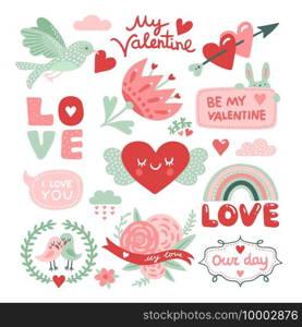 Valentines day scrapbook. Bird with red heart, flowers and love inscriptions, cute rabbit stickers. Vector decorative design elements. Love and heart, celebration romance day illustration. Valentines day scrapbook. Bird with red heart, flowers and love inscriptions, cute rabbit stickers. Vector decorative design elements