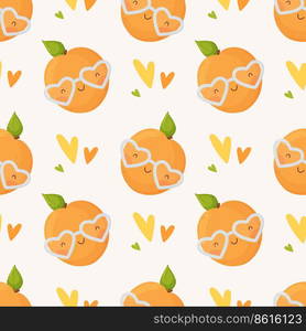 Valentines Day seamless pattern. Cute cartoon apricot with heart glasses. Vector illustration. Great for weaving design, wrapping paper and holiday decoration. Valentines Day seamless pattern. Cute cartoon apricot with heart glasses.