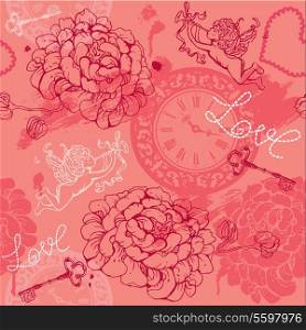 Valentines Day seamless pattern with hand drawn Cupid, flowers, keys and watches on pink background.