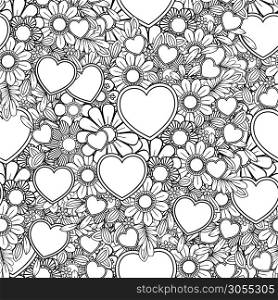 Valentines day seamless pattern with hearts and flowers. Coloring page for adult coloring book. Hand drawn vector illustration isolated on white background.. Valentines day seamless pattern