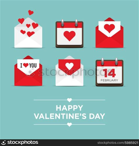 Valentines day set of icons, letter, envelope, calendar, hearts