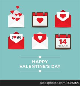 Valentines day set of icons, letter, envelope, calendar, hearts