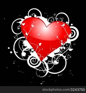Valentines Day Shiny Red Heart On Grunge Floral, vector illustration