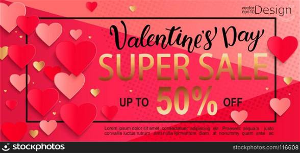 Valentines day super sale gift card.. Valentines day super sale gift card with lettering and super gold color half price discount, poster template. Pink abstract background with hearts ornaments. February 14.Vector illustration.
