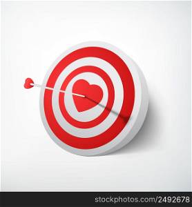 Valentines day target concept with arrow hitting dartboard in red heart on white background isolated vector illustration. Valentines Day Target Concept