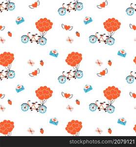 Valentines Day texture. Seamless pattern with hearts, tandem bicycle and mail envelopes. Wedding seamless pattern. Symbol of love. Hand drawn vector illustration on white background.. Valentines Day texture. Seamless pattern with hearts, tandem bicycle and mail envelopes. Wedding seamless pattern. Symbol of love. Hand drawn vector illustration on white background