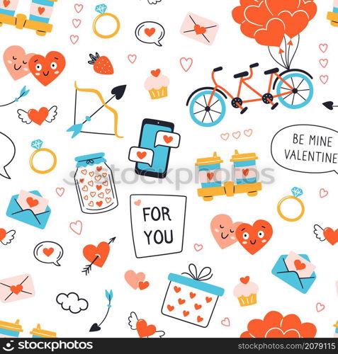 Valentines Day texture. Seamless pattern with hearts, tandem bicycle, arrows and ring. Vector illustration on white background.. Valentines Day texture. Seamless pattern with hearts, tandem bicycle, arrows and ring. Vector illustration on white background