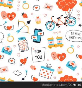 Valentines Day texture. Seamless pattern with hearts, tandem bicycle, arrows and ring. Vector illustration on white background.. Valentines Day texture. Seamless pattern with hearts, tandem bicycle, arrows and ring. Vector illustration on white background