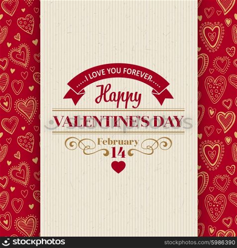 Valentines Day Typography Greeting Card over . Valentines Day Typography Greeting Card over Pattern with Hearts Sapes. Vector illustration EPS10