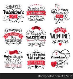 Valentines Day typography, ribbon banners and decoration elements vector set. Vintage lettering line labels. Valentines Day typography, ribbon banners and decoration elements vector set