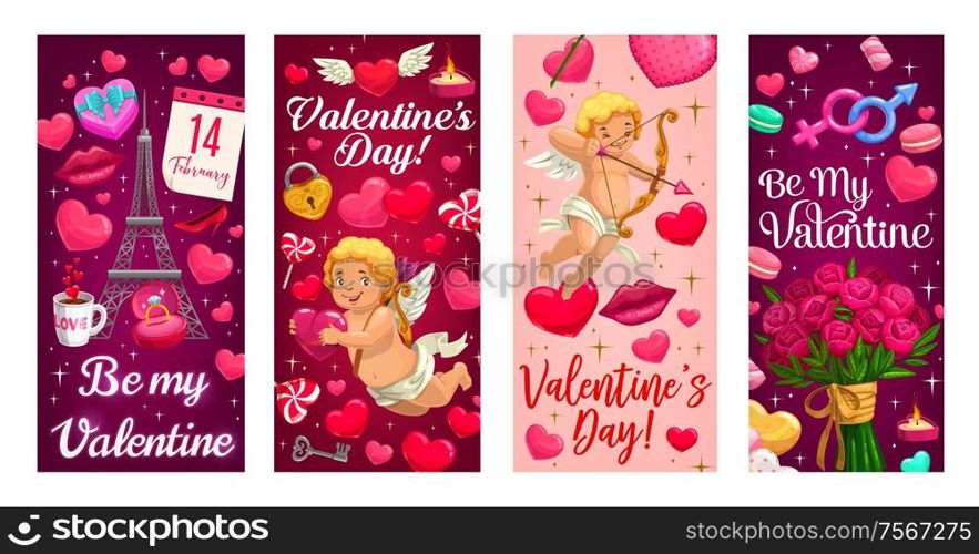 Valentines Day vector banners with love hearts, Cupids and gifts. Rings, romantic flower bouquet and calendar, candles, cupid angels with arrows and bow, candy, key and padlock. Cupid, Valentines Day gift and hearts banners