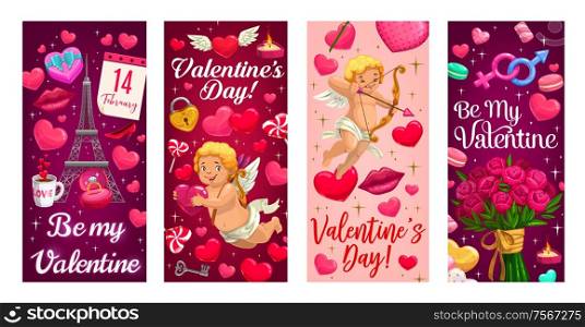 Valentines Day vector banners with love hearts, Cupids and gifts. Rings, romantic flower bouquet and calendar, candles, cupid angels with arrows and bow, candy, key and padlock. Cupid, Valentines Day gift and hearts banners