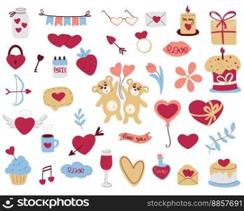 Valentines Day vector clip art set. Hand drawn elements for romantic greeting card, invitation. Collection of hearts, candle, letter, bear, eraser, lock and key, flowers. Isolated flat illustration, vector. Valentines Day vector clip art set Hand drawn elements