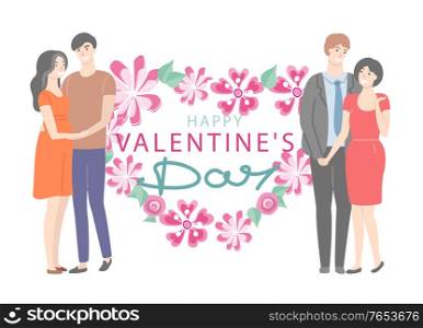 Valentines day vector, february holiday of people who love each other, man and woman cuddling. Greeting card for male and female spending time together. Valentines Day Heart Made of Blossom and Flowers
