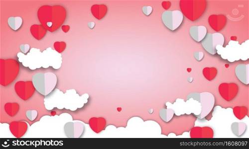 Valentines day vector paper with pink background. Heart design and cloud vector illustration