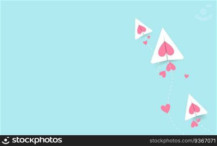Valentines day with cut Airplane and hearts, paper art concept. Vector illustration