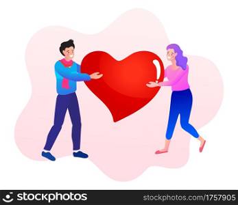 Valentines day woman holding red heart balloon. Happy couple in love holding red heart shape. vector illustration
